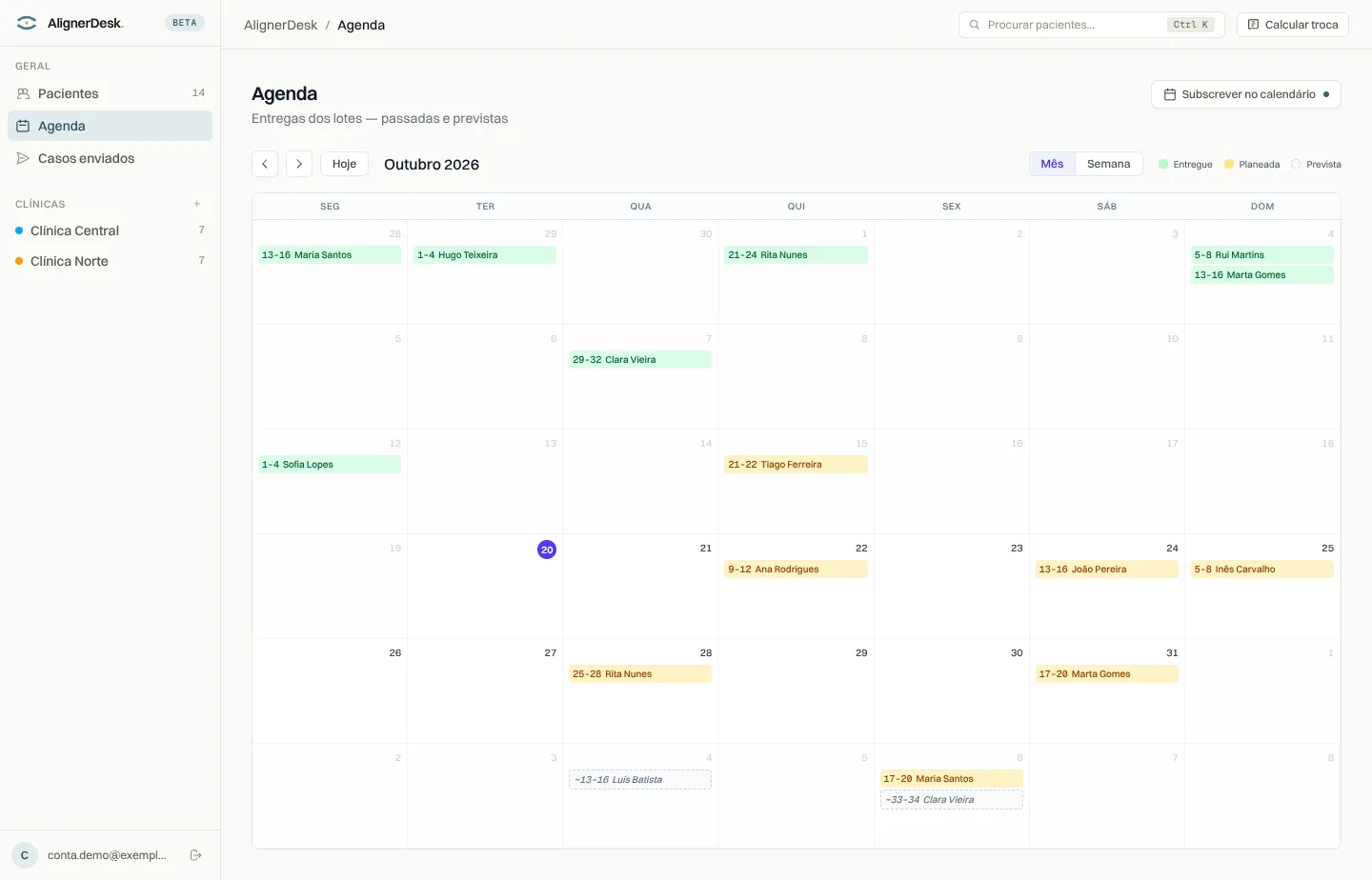 Agenda mensal com as entregas de lotes entregues, planeadas e previstas (dados fictícios)
